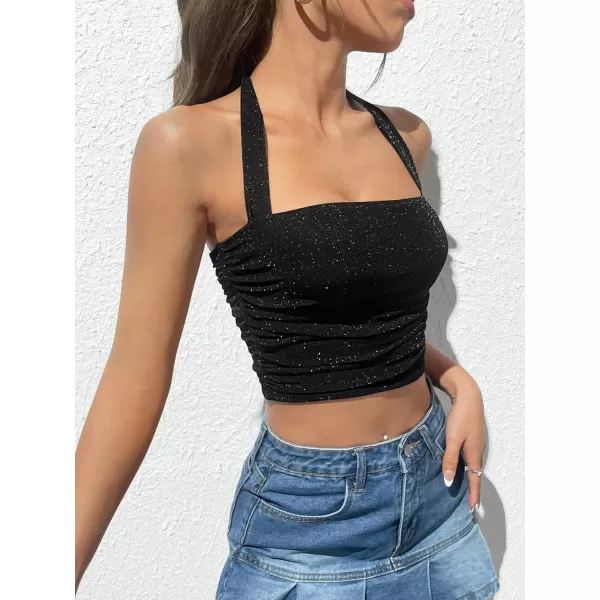 Floerns Women's Glitter Sleeveless Ruched Backless Tie Back Crop Halter Top