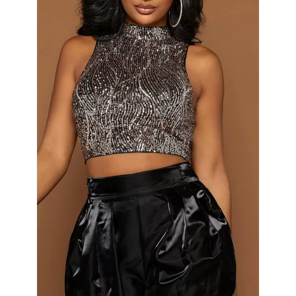 Floerns Women's Metallic Sequin Clubwear Mock Neck Zip Up Sleeveless Crop Tank Top
