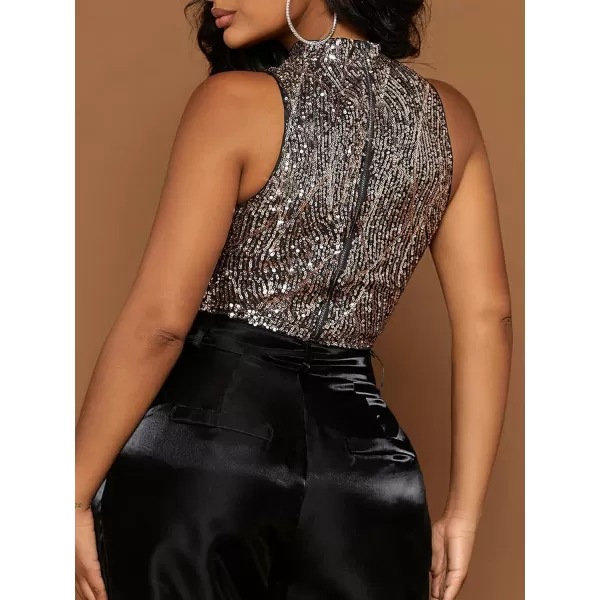 Floerns Women's Metallic Sequin Clubwear Mock Neck Zip Up Sleeveless Crop Tank Top