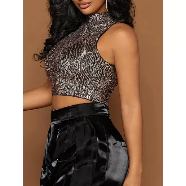 Floerns Women's Metallic Sequin Clubwear Mock Neck Zip Up Sleeveless Crop Tank Top