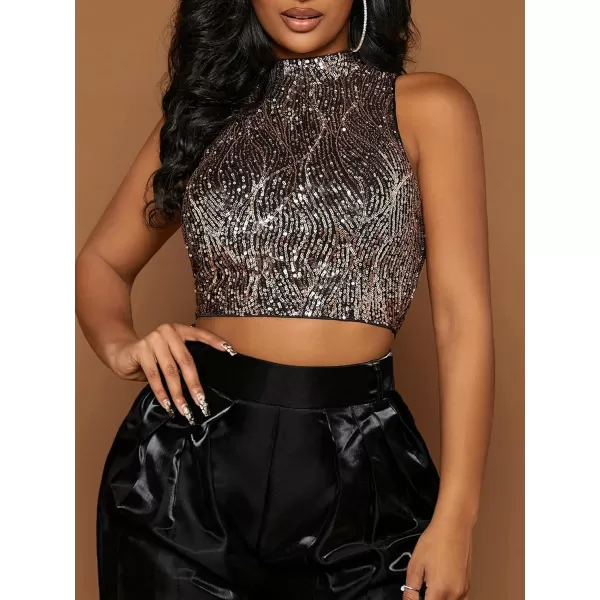 Floerns Women's Metallic Sequin Clubwear Mock Neck Zip Up Sleeveless Crop Tank Top