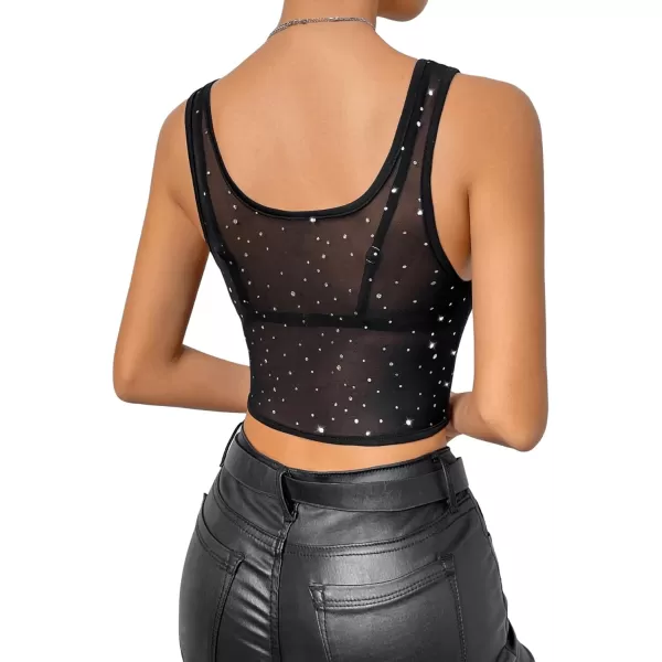 Floerns Women's Rhinestone Scoop Neck Sheer Mesh Clubwear Crop Tank Top