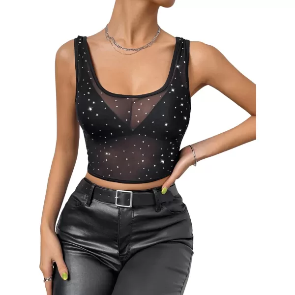 Floerns Women's Rhinestone Scoop Neck Sheer Mesh Clubwear Crop Tank Top