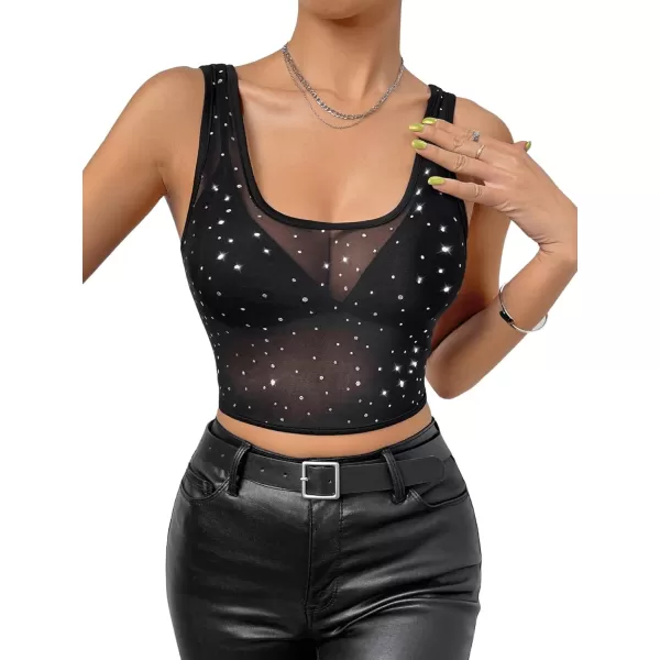 Floerns Women's Rhinestone Scoop Neck Sheer Mesh Clubwear Crop Tank Top