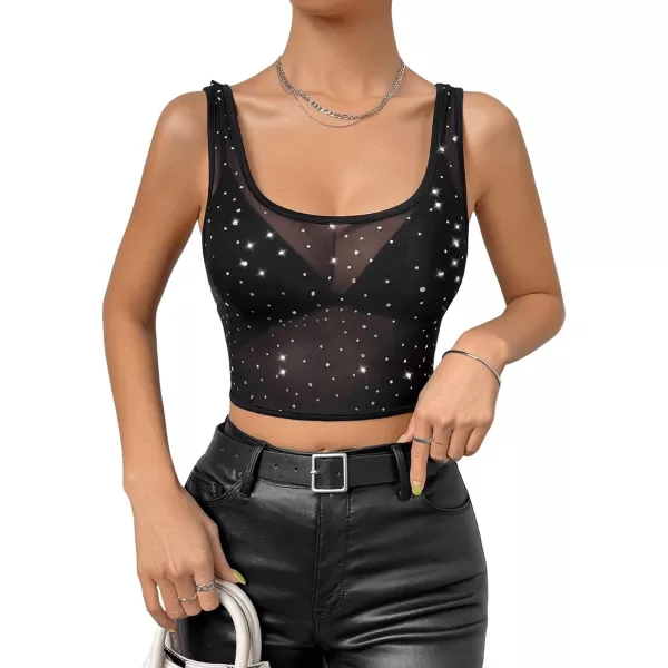 Floerns Women's Rhinestone Scoop Neck Sheer Mesh Clubwear Crop Tank Top