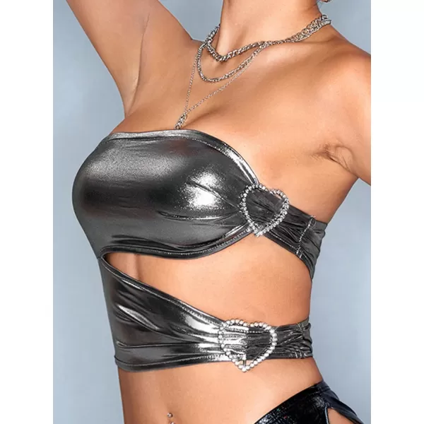 Floerns Women's Shiny Metallic Cut Out Heart Buckle Ruched Strapless Cropped Tube Top