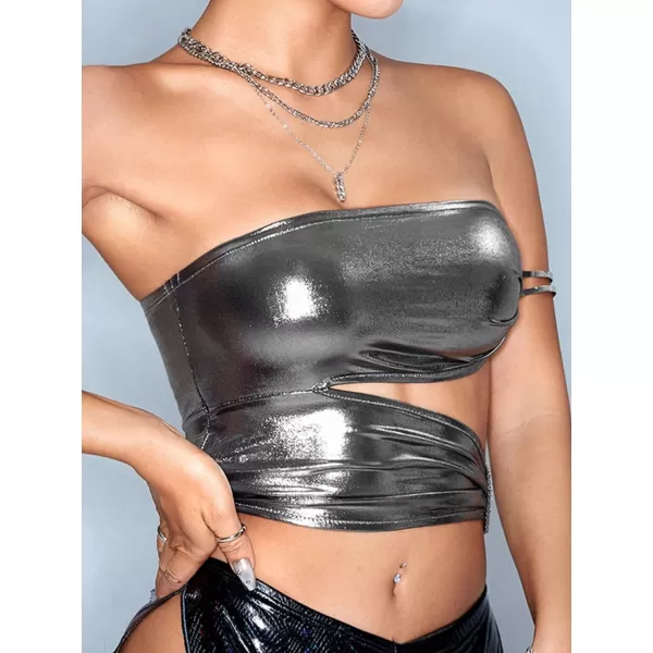 Floerns Women's Shiny Metallic Cut Out Heart Buckle Ruched Strapless Cropped Tube Top