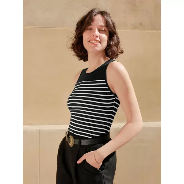 Floerns Women's Sleeveless Striped Print Crewneck Rib Knit Casual Tank Top