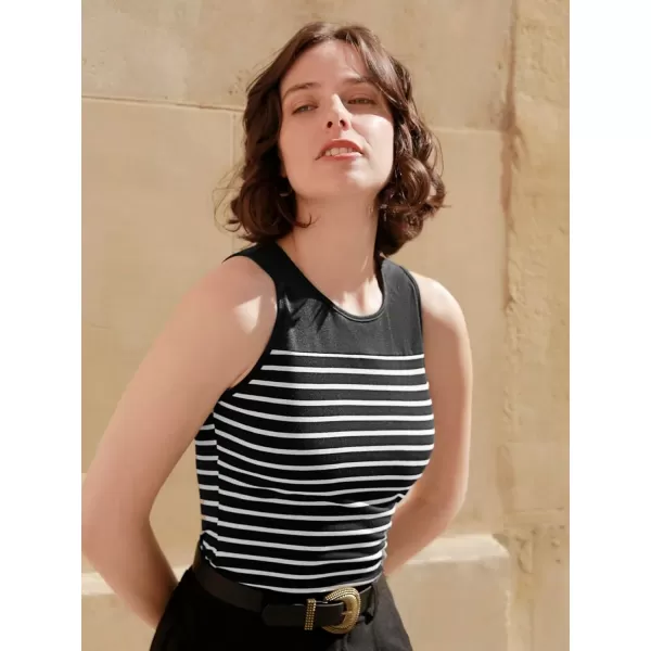 Floerns Women's Sleeveless Striped Print Crewneck Rib Knit Casual Tank Top