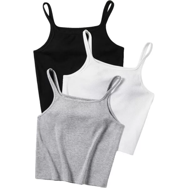 Floerns Women's 3 Pcs Solid Spaghetti Strap Ribbed Knit Fitted Basic Camisole Top