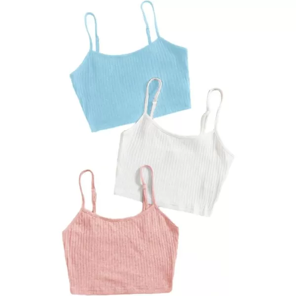 Floerns Women's 3 Pieces Basic Sleeveless Rib Knit Spaghetti Strap Crop Cami Top
