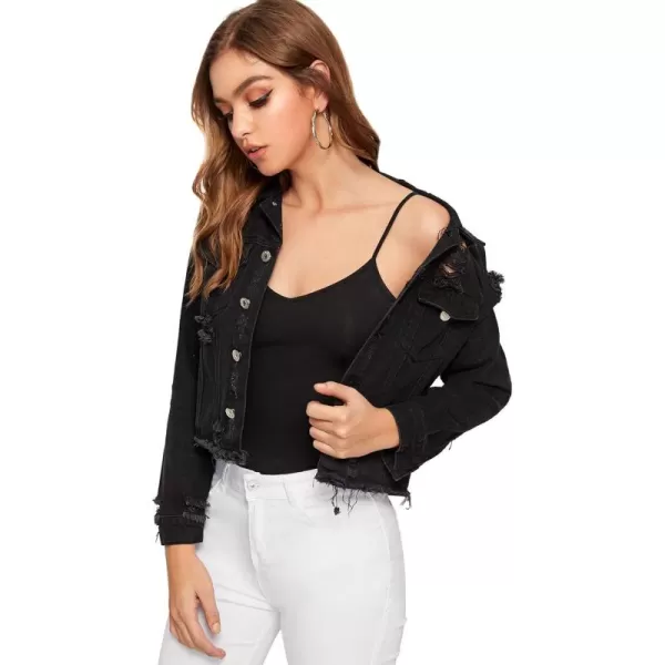Floerns Women's Casual Drop Shoulder Ripped Crop Denim Jean Jacket