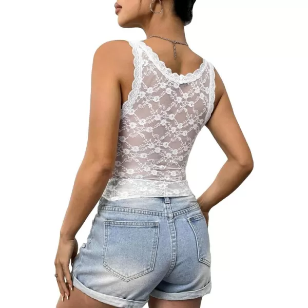 Floerns Women's Contrast Lace Sleeveless Scalloped Hem V Neck Sheer Tank Top