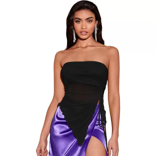 Floerns Women's Drawstring Ruched Strapless Asymmetrical Hem Mesh Tube Top