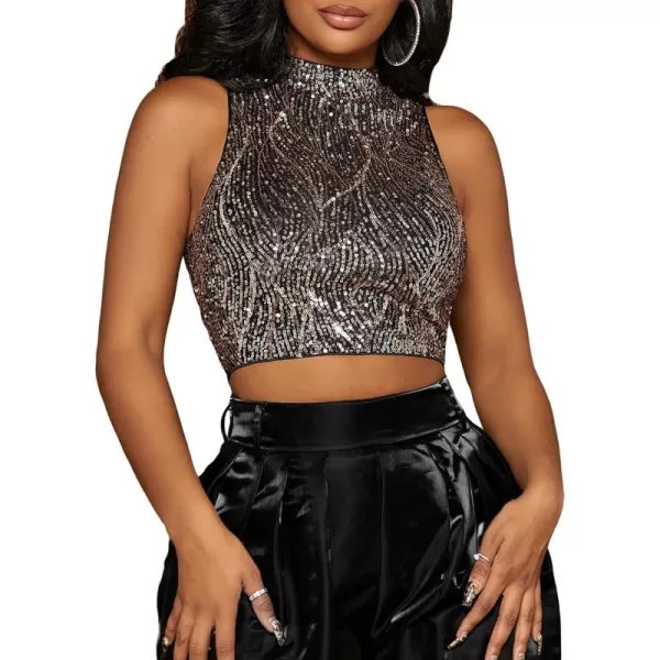 Floerns Women's Metallic Sequin Clubwear Mock Neck Zip Up Sleeveless Crop Tank Top