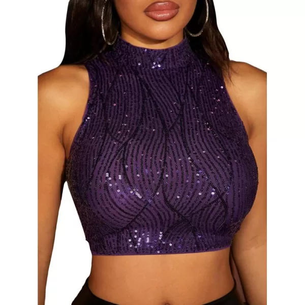 Floerns Women's Metallic Sequin Clubwear Mock Neck Zip Up Sleeveless Crop Tank Top