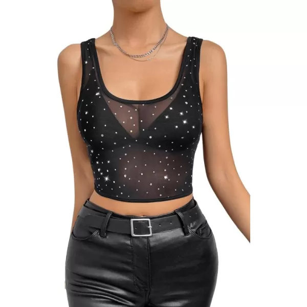 Floerns Women's Rhinestone Scoop Neck Sheer Mesh Clubwear Crop Tank Top