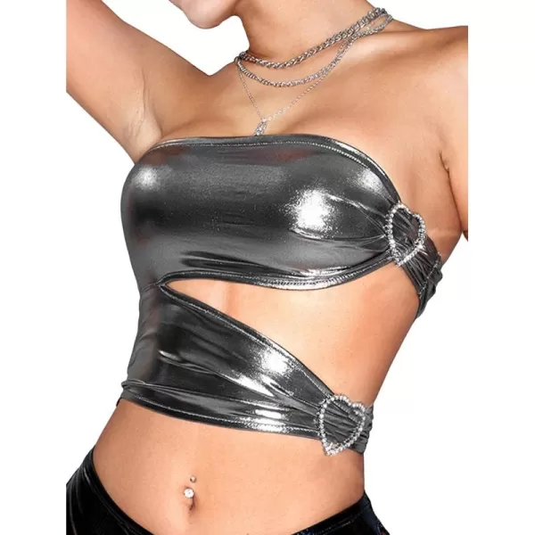 Floerns Women's Shiny Metallic Cut Out Heart Buckle Ruched Strapless Cropped Tube Top