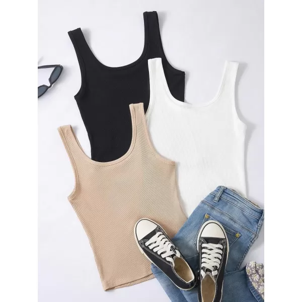 Floerns Women's 3 Pcs Ribbed Knit Casual Solid Stretchy Scoop Neck Basic Tank Top