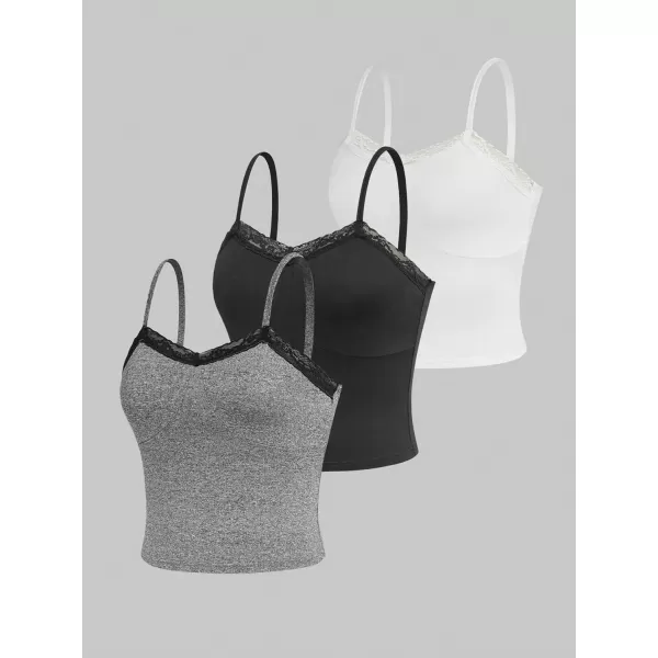 Floerns Women's 3 Pcs Spaghetti Strap Camisole Lace Trim Crop Cami Top