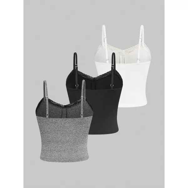 Floerns Women's 3 Pcs Spaghetti Strap Camisole Lace Trim Crop Cami Top