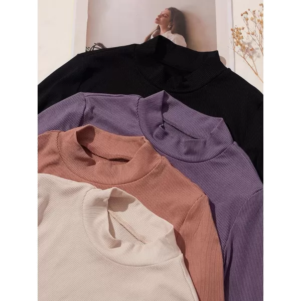 Floerns Women's 4 Pcs Long Sleeve Solid Mock Neck Ribbed Knit Tee Shirt