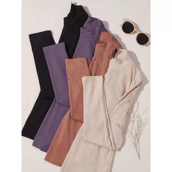 Floerns Women's 4 Pcs Long Sleeve Solid Mock Neck Ribbed Knit Tee Shirt