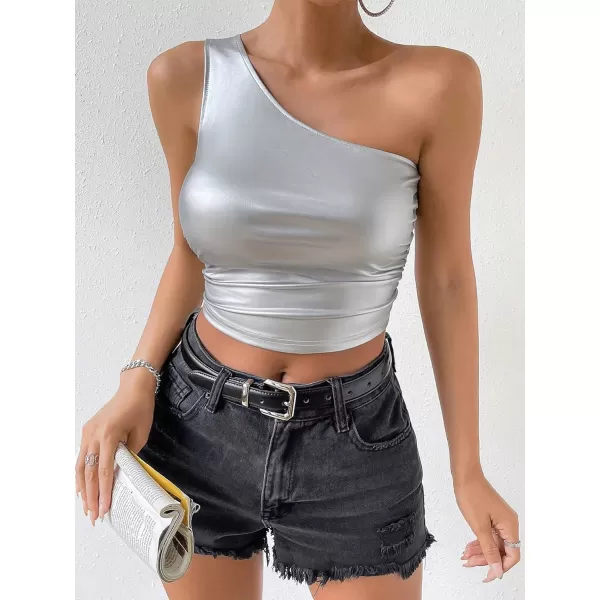 Floerns Women's Asymmetrical Neck Sleeveless Ruched Side Pu Leather Crop Top