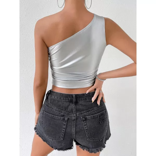 Floerns Women's Asymmetrical Neck Sleeveless Ruched Side Pu Leather Crop Top