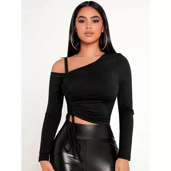Floerns Women's Asymmetrical One Shlouder Long Sleeve Tops Ruched Drawstring Tee Shirts