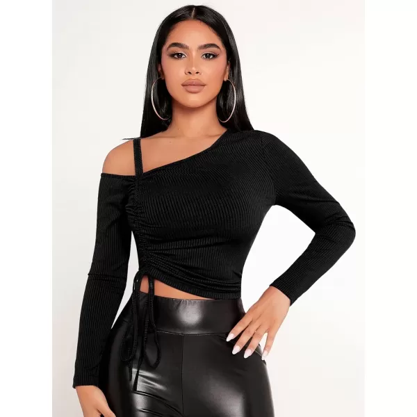 Floerns Women's Asymmetrical One Shlouder Long Sleeve Tops Ruched Drawstring Tee Shirts