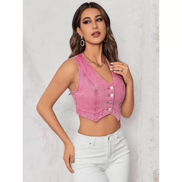 Floerns Women's Button Front Sleeveless V Neck Jeans Denim Vest Crop Top