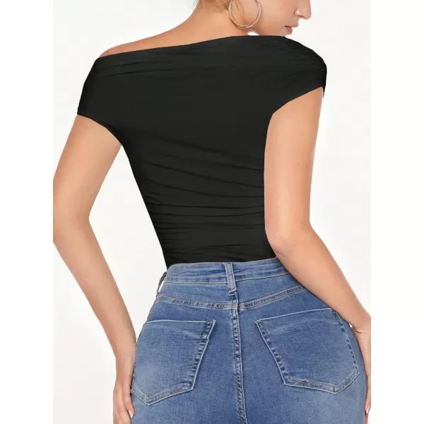 Floerns Women's Casual Asymmetrical Neck Short Sleeve Ruched Mesh Tee Shirt
