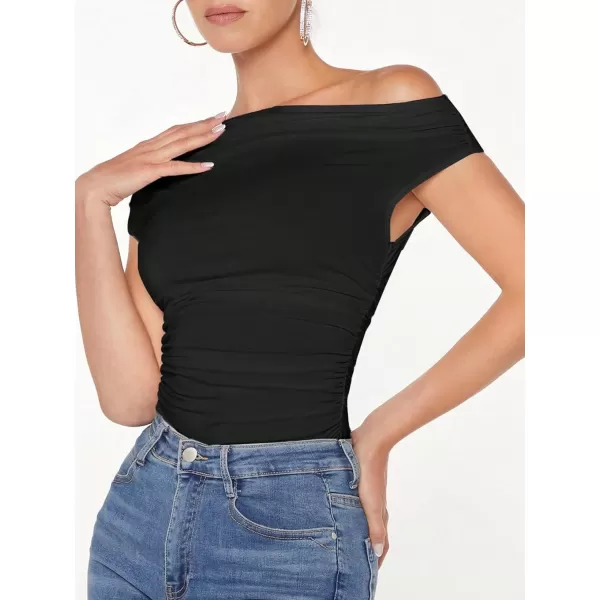 Floerns Women's Casual Asymmetrical Neck Short Sleeve Ruched Mesh Tee Shirt