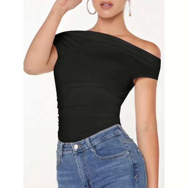 Floerns Women's Casual Asymmetrical Neck Short Sleeve Ruched Mesh Tee Shirt