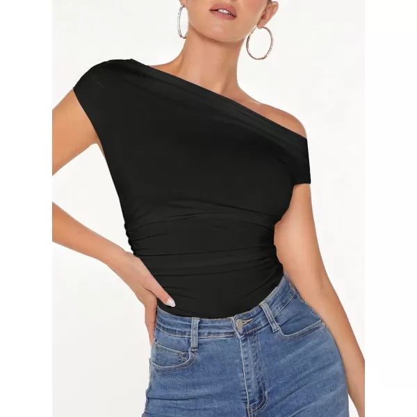 Floerns Women's Casual Asymmetrical Neck Short Sleeve Ruched Mesh Tee Shirt