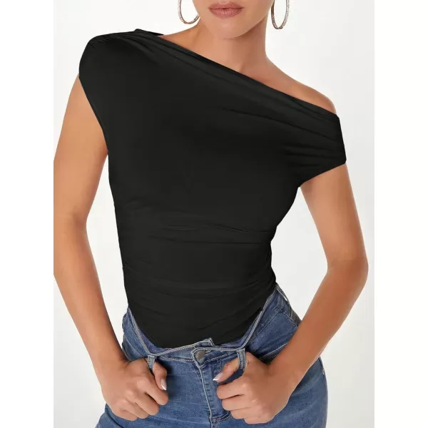 Floerns Women's Casual Asymmetrical Neck Short Sleeve Ruched Mesh Tee Shirt