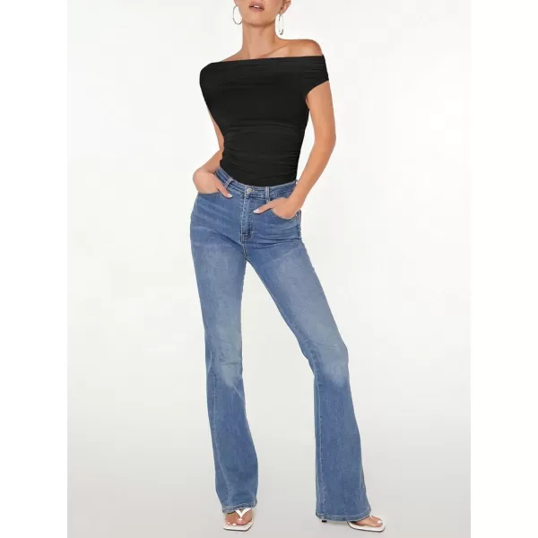 Floerns Women's Casual Asymmetrical Neck Short Sleeve Ruched Mesh Tee Shirt