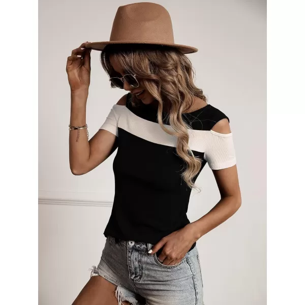 Floerns Women's Casual Colorblock Short Sleeve Cold Shoulder Ribbed Knit T Shirts