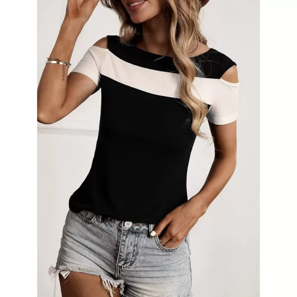 Floerns Women's Casual Colorblock Short Sleeve Cold Shoulder Ribbed Knit T Shirts