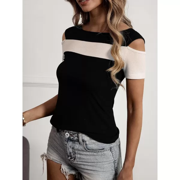 Floerns Women's Casual Colorblock Short Sleeve Cold Shoulder Ribbed Knit T Shirts