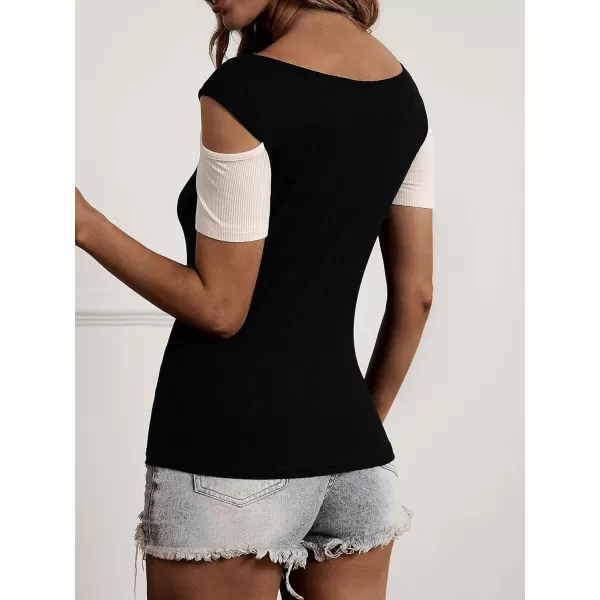 Floerns Women's Casual Colorblock Short Sleeve Cold Shoulder Ribbed Knit T Shirts