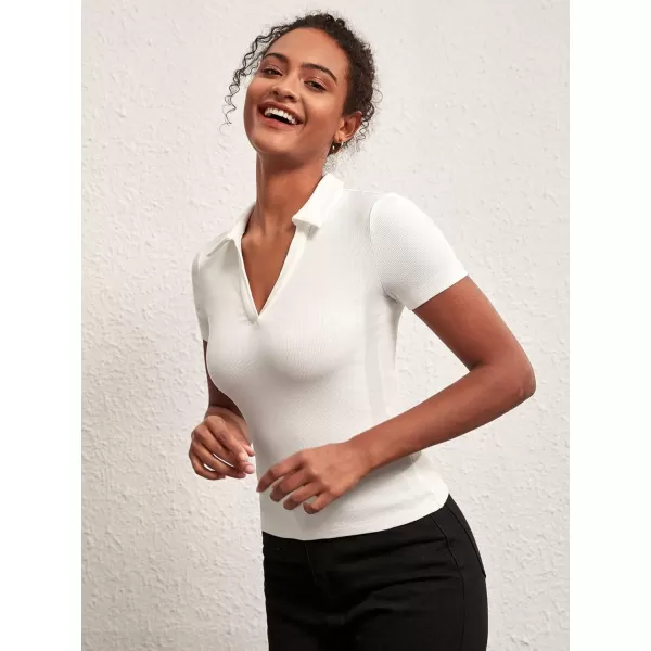Floerns Women's Casual Lapel Collar Slim Fit Short Sleeve Rib Knit Tee Shirt