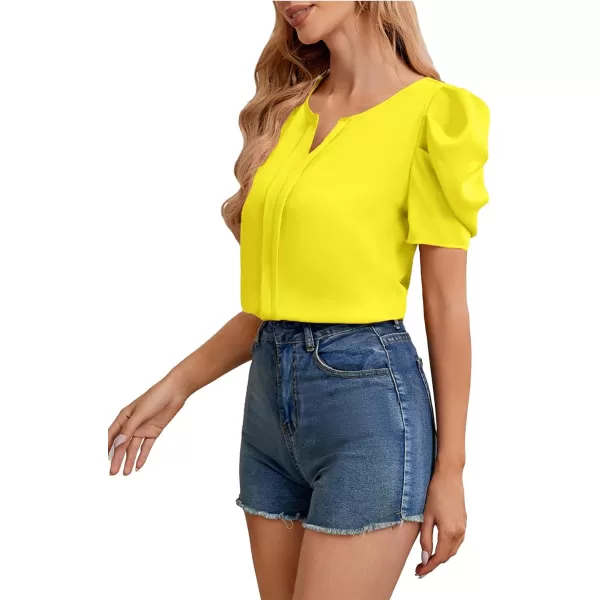 Floerns Women's Casual Notched Neck Short Puff Sleeve Blouse Tops