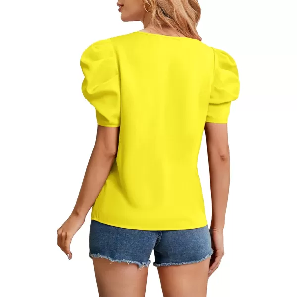 Floerns Women's Casual Notched Neck Short Puff Sleeve Blouse Tops