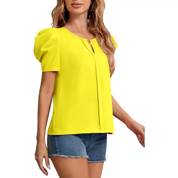 Floerns Women's Casual Notched Neck Short Puff Sleeve Blouse Tops