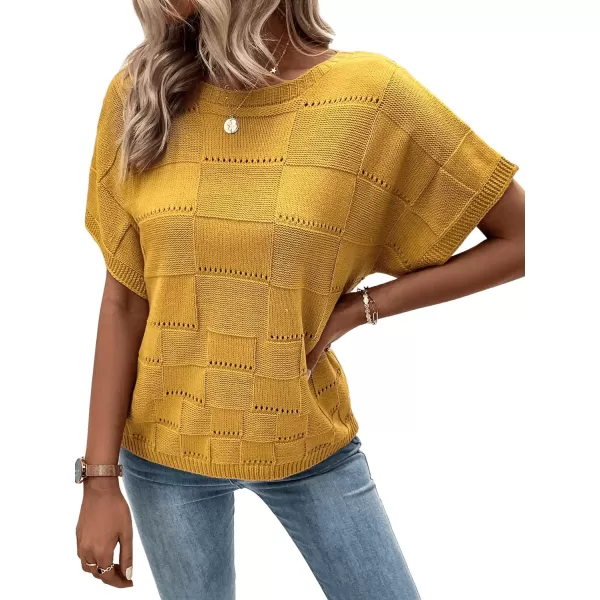 Floerns Women's Casual Short Sleeve Round Neck Plaid Pointelle Knit Blouse Top