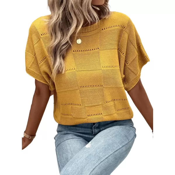 Floerns Women's Casual Short Sleeve Round Neck Plaid Pointelle Knit Blouse Top