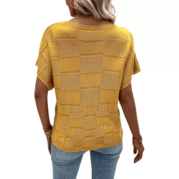 Floerns Women's Casual Short Sleeve Round Neck Plaid Pointelle Knit Blouse Top