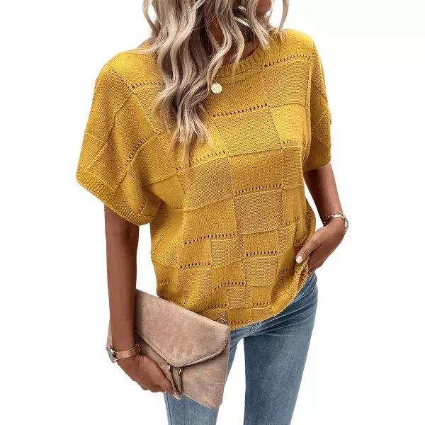 Floerns Women's Casual Short Sleeve Round Neck Plaid Pointelle Knit Blouse Top